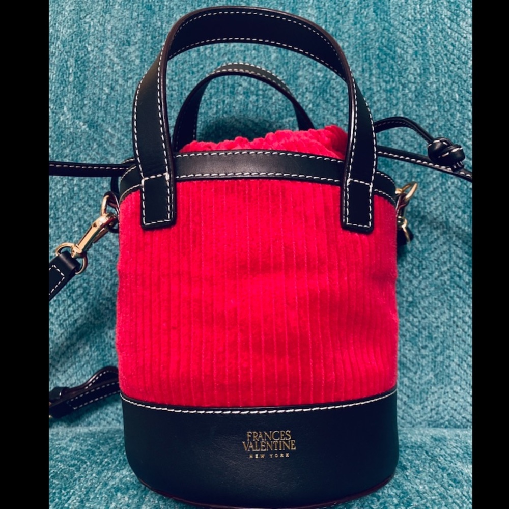 Frances Valentine Small Corduroy Bucket Bag, Red with Black Trim